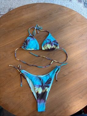 Rip Curl Teal Blue Yellow Palm Tree Print String Bikini